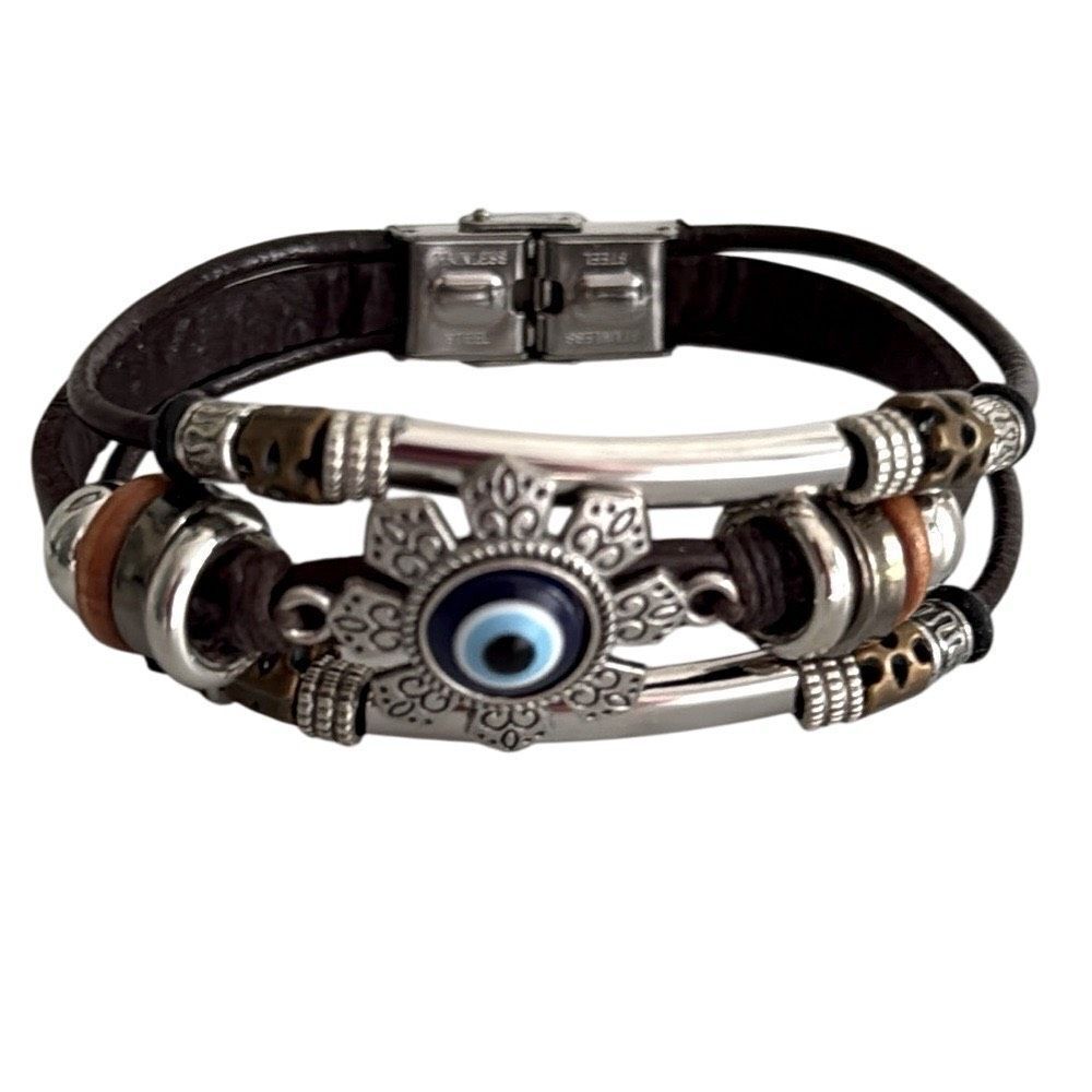 Protective Evil Eye Cuff Bracelet – Brown Leather, Boho Multi-Strand